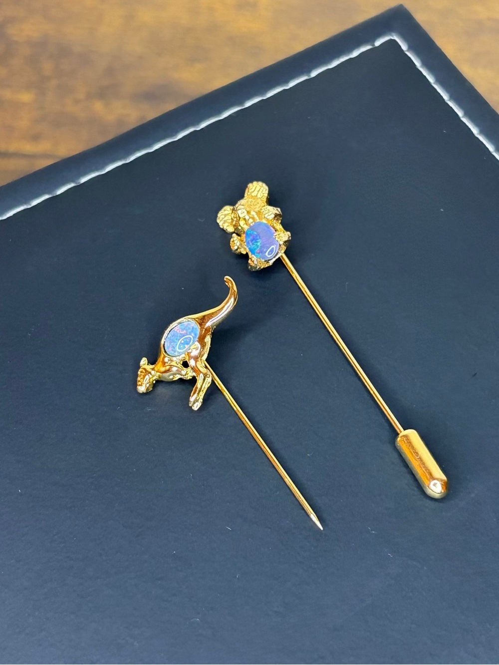 Vintage 80’s Australian Opal Stick Pin Set Kangaroo & Koala Gold-Tone Lapel Pins